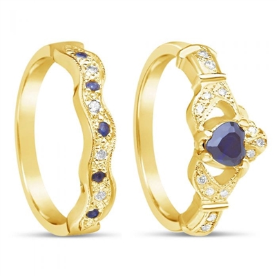 14k Yellow Gold Sapphire Set Heart Claddagh Ring & Wedding Ring Set