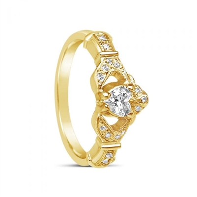 14k Yellow Gold Diamond Set Heart Claddagh Ring 12.4mm