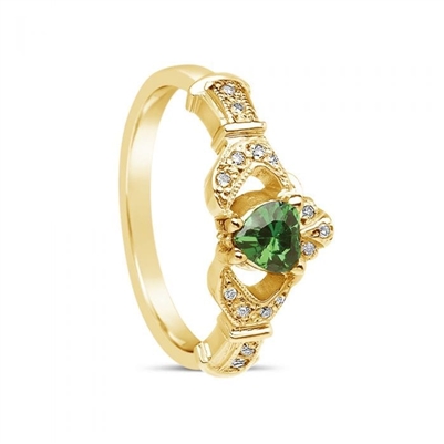 14k Yellow Gold Emerald Set Heart Claddagh Ring 12.4mm