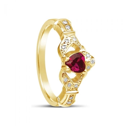 14k Yellow Gold Ruby Set Heart Claddagh Ring 12.4mm