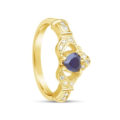 14k Yellow Gold Sapphire Set Heart Claddagh Ring 12.4mm