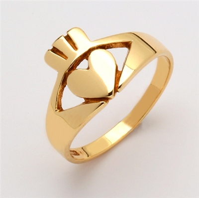 14k Yellow Gold Contemporary Small Claddagh Ring 10mm