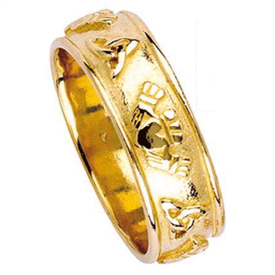 14k Yellow Gold Ladies Wide Trinity Claddagh Wedding Ring 7.5mm