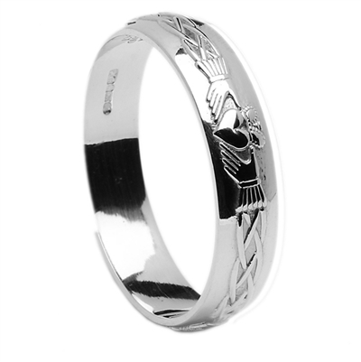 18k White Gold Men's Claddagh Celtic Wedding Ring 5.5mm