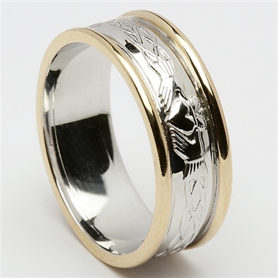 14k Men's White Gold Claddagh Celtic Wedding Ring 8.9mm