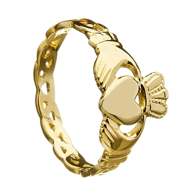 14k Yellow Gold Ladies Open Braided Shank Claddagh Ring 10mm