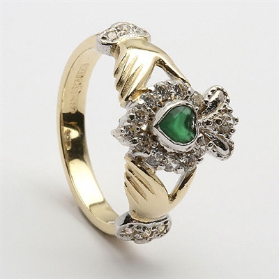 14k Yellow Gold Green Agate & CZ Cluster Claddagh Ring 13mm