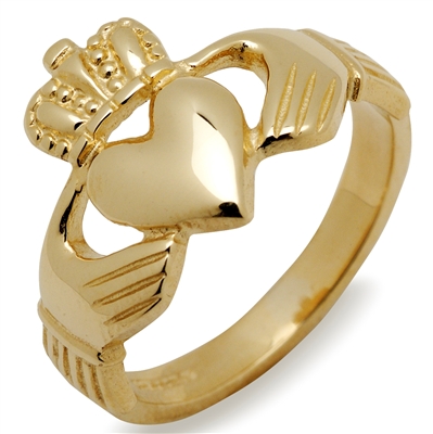 14k Yellow Gold Heavy Men's Claddagh Ring 14mm