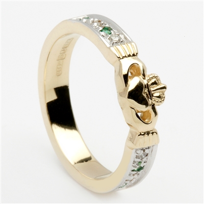 14k Yellow Gold Emerald & Cubic Zirconia Ladies Claddagh Ring 5mm