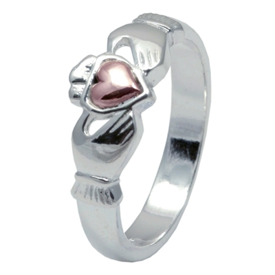 Sterling Silver Ladies Claddagh Ring With a 10k Rose Gold Heart 7.3mm