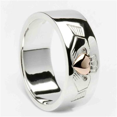 Sterling Silver Ladies Claddagh Ring With a 10k Rose Gold Heart 8mm