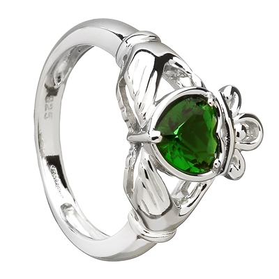 Sterling Silver Green CZ Ladies Claddagh Ring