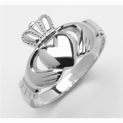 14k White Gold Ladies Heavy Claddagh Ring 11.5mm