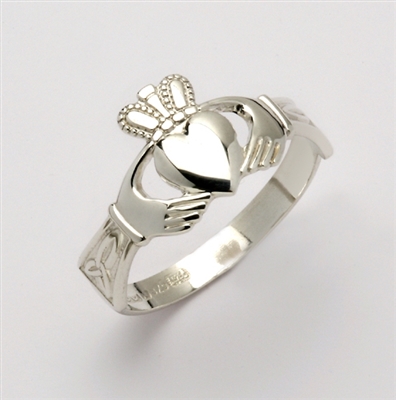 14k White Gold Small Claddagh Ring With Trinity Knot Cuffs 9mm