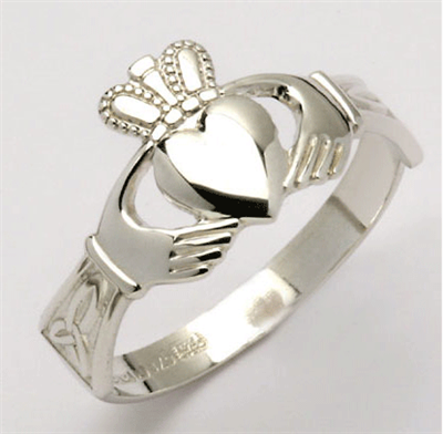 10k White Gold Ladies Claddagh Ring With Trinity Knot Cuffs 11mm