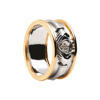 14k Unisex 2 Tone Gold Diamond Claddagh Wedding Ring 9.4mm