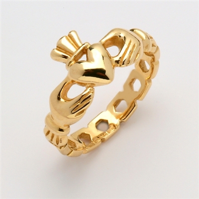10k Yellow Gold Ladies Pierced "Mo Chroi" Claddagh Ring 10.5mm