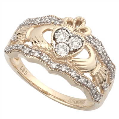 14k Yellow Gold Ladies Diamond Claddagh Ring 10mm