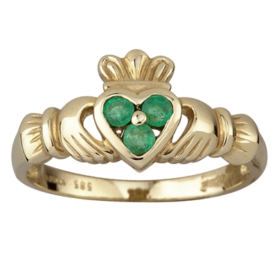 14k Yellow Gold 3 Emerald Heart Set Claddagh Ring 10mm