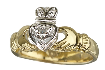 18k Yellow Gold Diamond Heart Claddagh Ring 12mm