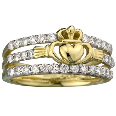 14k Yellow Gold Ladies Diamond Claddagh Dress Ring