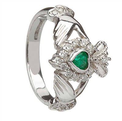 10k White Gold Green Agate & CZ Cluster Claddagh Ring 13mm