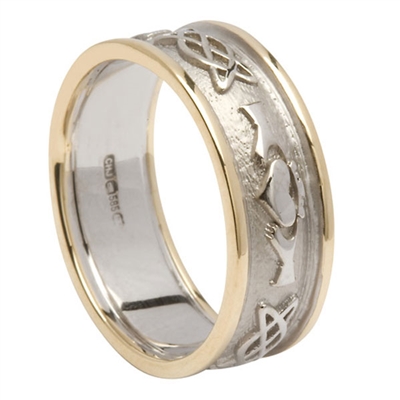 14k White Gold Men's Embossed Celtic Knot Claddagh Wedding Ring 8.6mm