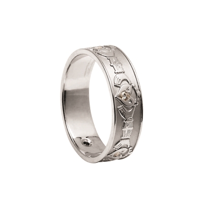 14k White Gold & Diamond Set Ladies Claddagh Wedding Ring 5.5mm