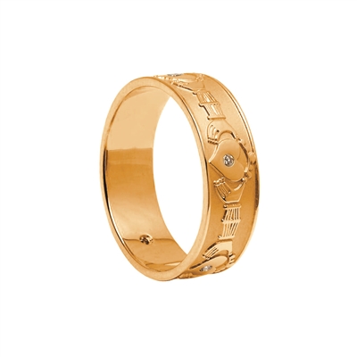 14k Yellow Gold & Diamond Set Ladies Claddagh Wedding Ring 5.5mm