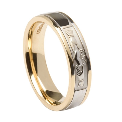 14k White & Yellow Gold Ladies Claddagh Wedding Ring 5mm