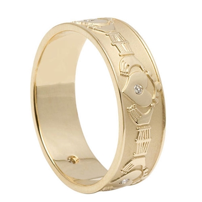 14k Yellow Gold & Diamond Men's Claddagh Wedding Ring 7.2mm