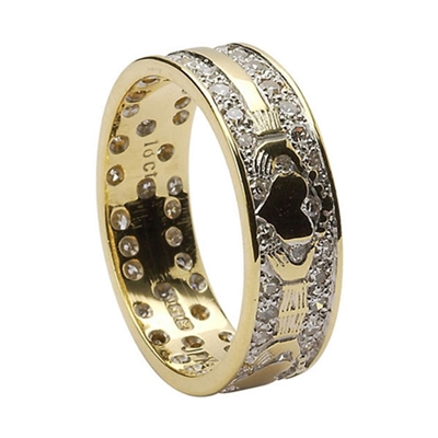 14k Yellow Gold & Diamond Pave Set Ladies Claddagh Wedding Ring 6.1mm