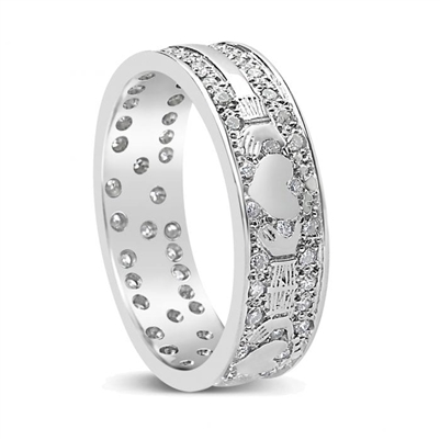 14k White Gold & Pave Set Diamonds Men's Claddagh Wedding Ring 7.2mm